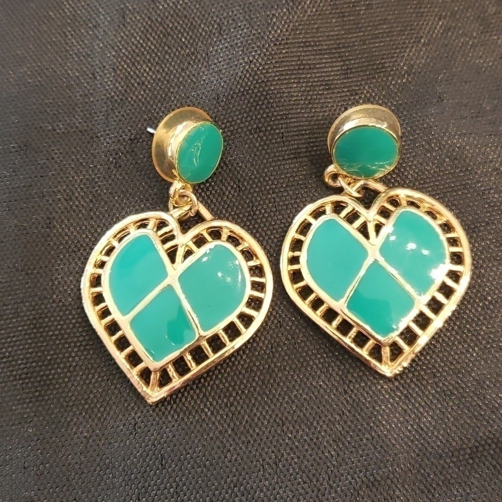 Vintage Turquoise Colored enamel and gold heart earrings